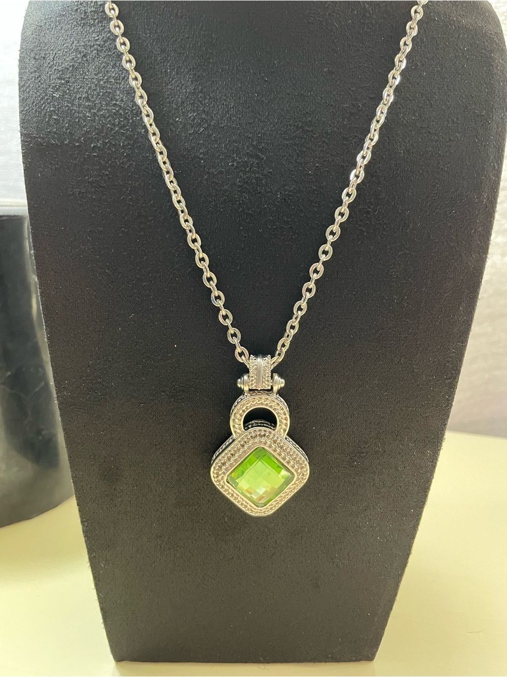 Sterling-Style Silver Necklace with Bright Green Square Gem Pendant